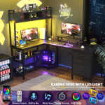 iSunirm L Shaped Gaming Desk with Storage, Computer Gaming Desk with LED Lights & Hutch, Reversible Computer Desk with Power