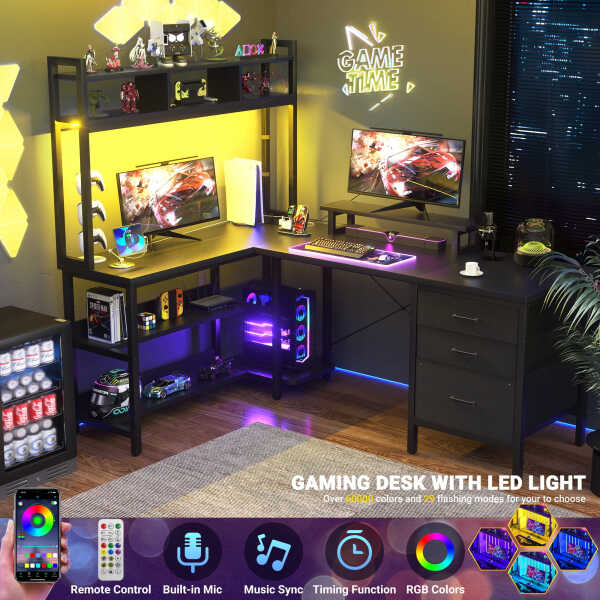 iSunirm L Shaped Gaming Desk with Storage, Computer Gaming Desk with LED Lights & Hutch, Reversible Computer Desk with Power