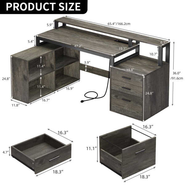Dextrus 65" L Shaped Desk with Power Outlets and Monitor Stand , Computer Desk with LED Light &File Cabinet, Corner Desk with 3