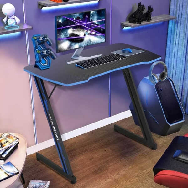 NiamVelo 47 inch Gaming Desk, Z-Shaped PC Computer Table Ergonomic Gamer Workstation with Headphone Hook for Home Office, Red