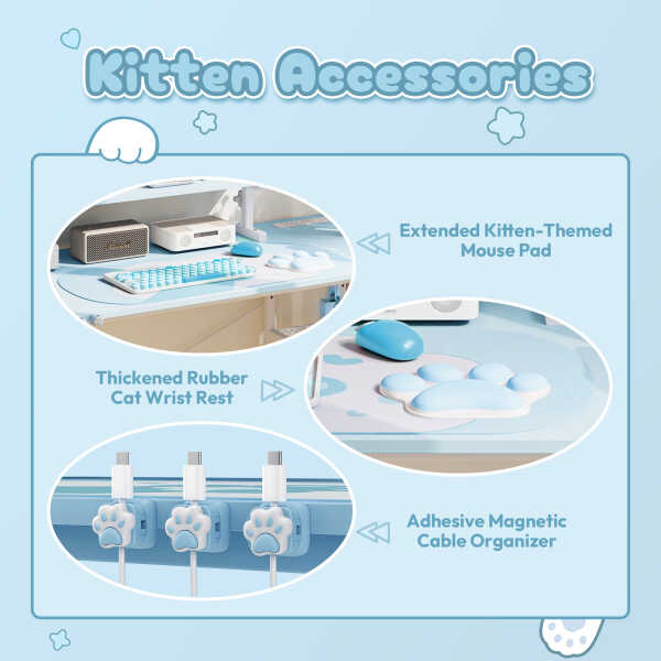 Dowinx 43" L-Shaped Gaming Desk Cute with Cat Accessories, Corner Desk with Power Outlet & Monitor Shelf for Adult and Girl,