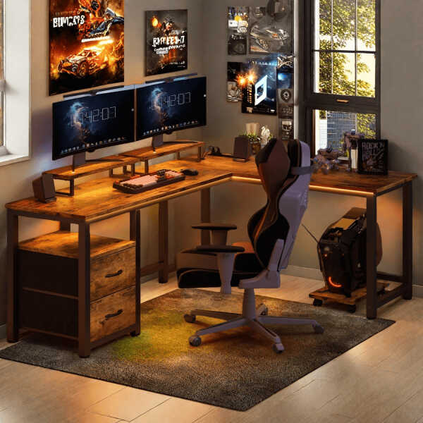 66" L Shaped Computer Desk with Power Outlets, Gaming Desk with Shelf and Drawers for Home Office, Retro Brown