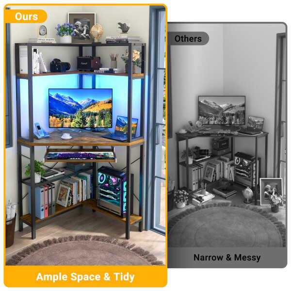 Homieasy Corner Computer Desk with Power Outlets & LED Light, Corner Desk with Hutch, Triangle Gaming Desk with Keyboard Tray,