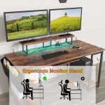 53" Gaming Desk with LED Lights & Power Outlets, Modern Computer Desk with Monitor Stand & Storage Sheves for Home Office, Black