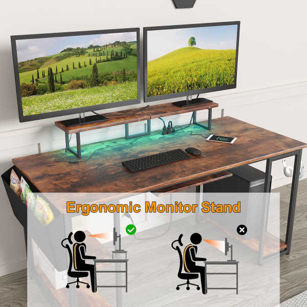 53" Gaming Desk with LED Lights & Power Outlets, Modern Computer Desk with Monitor Stand & Storage Sheves for Home Office, Black