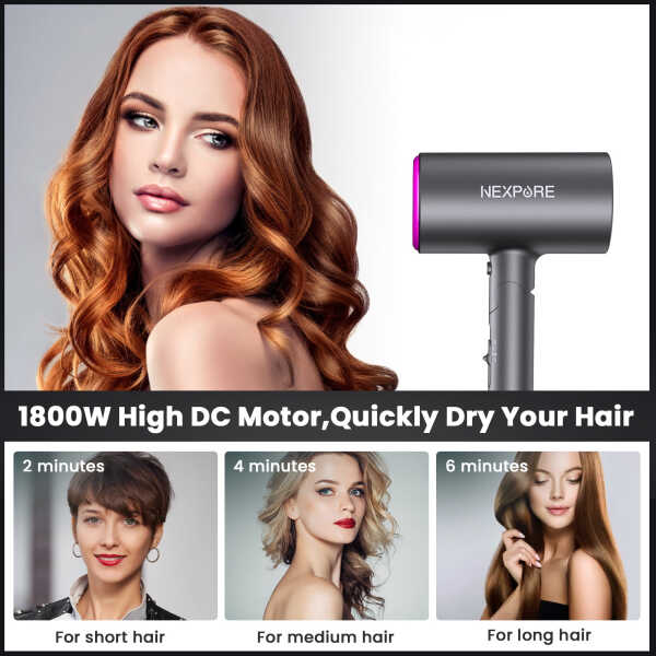 Hair Dryer, NEXPURE 1800W Professional Ionic Blow Dryer for Hair Care, Powerful Wind for Hair Drying, 2 Attachments, Grey
