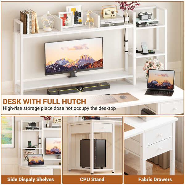 iSunirm Desk with LED Light and Power Outlet, 47.2'' Gaming Desk with Hutch, Reversible Computer Desk with Drawers, and Storage