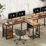 66" L Shaped Computer Desk with Power Outlets, Gaming Desk with Shelf and Drawers for Home Office, Retro Brown