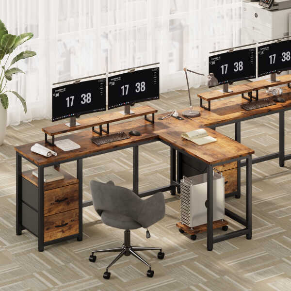 66" L Shaped Computer Desk with Power Outlets, Gaming Desk with Shelf and Drawers for Home Office, Retro Brown