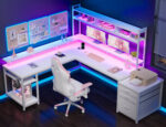 Enhomee L Shaped Desk, Gaming Desks with Power Outlet & LED Light Computer Deskwith Drawers & Storage Shelves Black