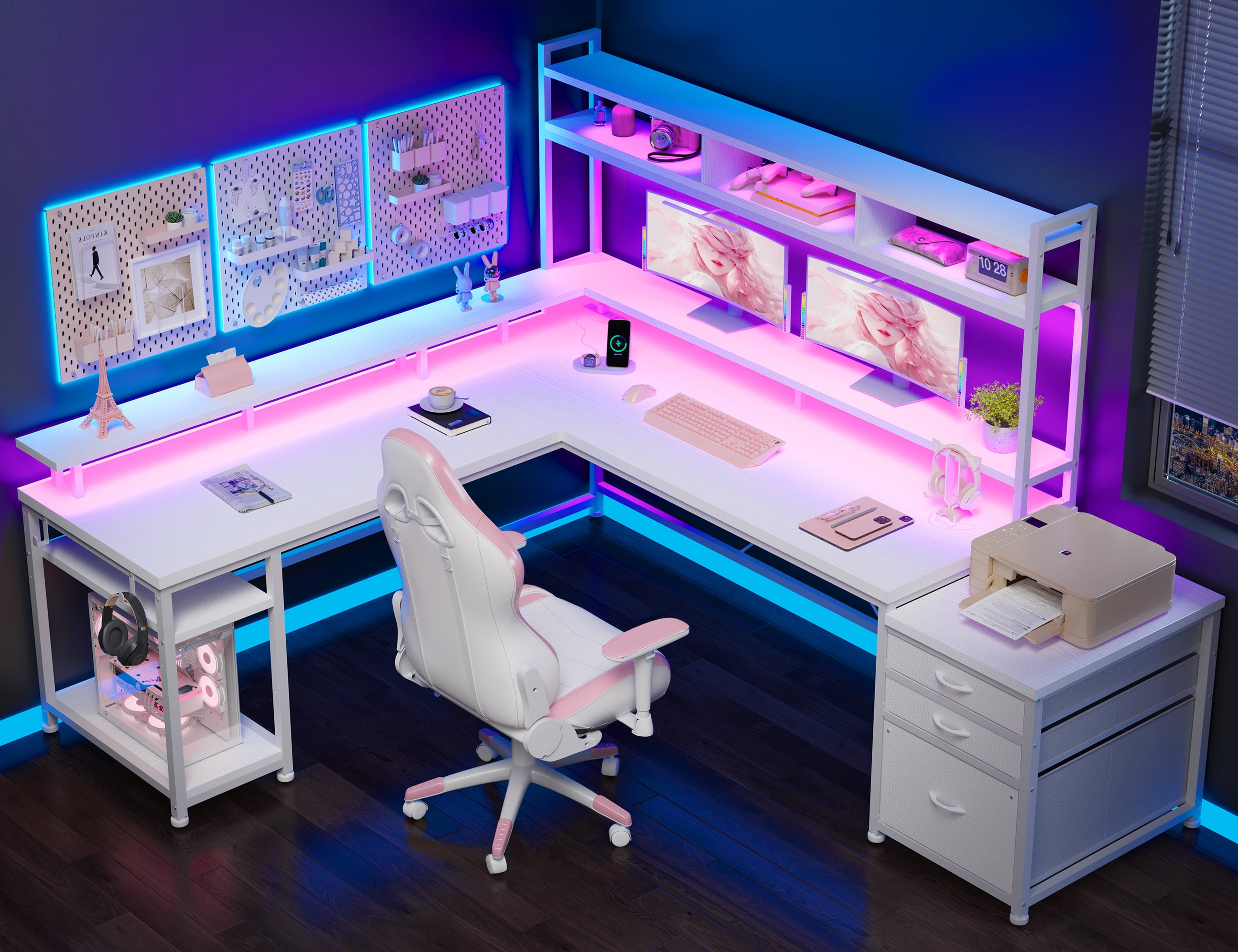 Enhomee L Shaped Desk, Gaming Desks with Power Outlet & LED Light Computer Deskwith Drawers & Storage Shelves Black