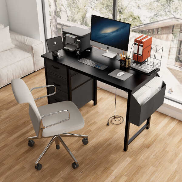 47" Office Desk with Power Outlet, 3 Drawers, Large Side Pocket, Desk Easy to Assemble, Frame Stability Reversible, for Home