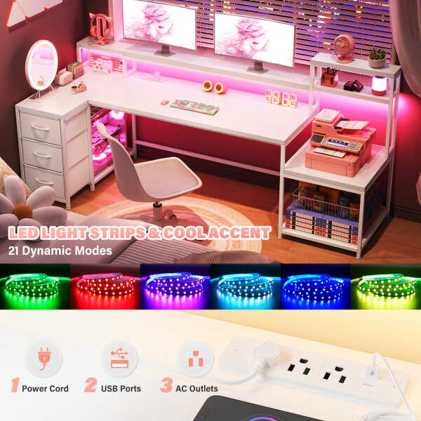 Enhomee 70.9" L Shaped Gaming Desk, Computer Desk with Power Outlet & LED Light, Home Office Desks with Drawers, Black