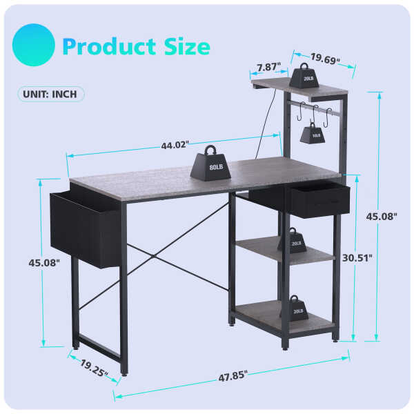 Eunon 44 inch Gaming Computer Desk with LED Lights, Reversible 4 Tier Storage Shelves & Drawer,Pink