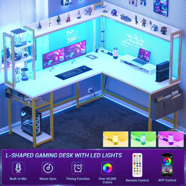 Homieasy L Shaped Desk with Power Outlet and LED lights, Reversible Corner Computer Desk with Hutch and Storage Shelf, Ergonomic