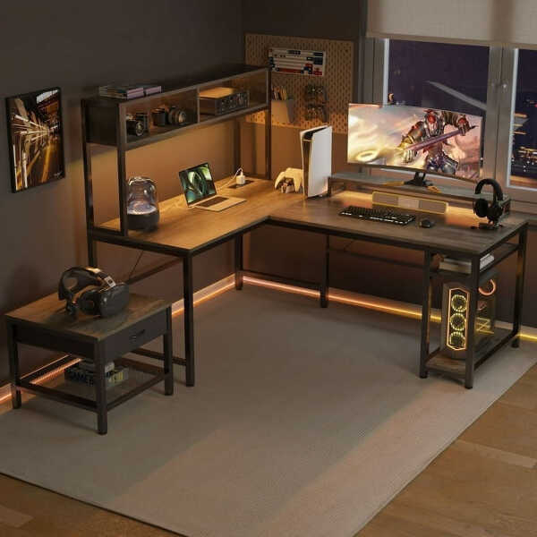 CHITOOMA 67 Inch Reversible L-Shaped Computer Desk Gaming Desk with Power Outlets,USB Ports,LED Strip,Storage Shelves & Monitor