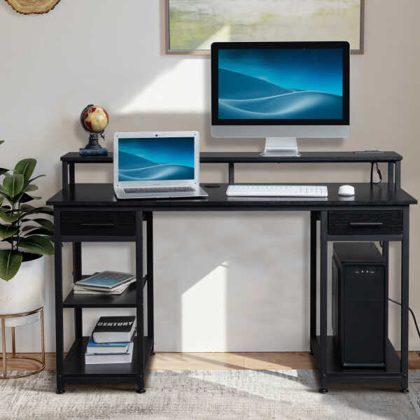 Ktaxon Gaming Desk with 2 Power Outlets&USB, Computer Desk with 15 Adjustable Light, Study Writing Table with Large Desktop, for