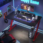 Homall 44 Inches Z-Shaped Gaming Desk Carbon Fiber Surface Desk with Cup Holder & Headphone Hook, Black