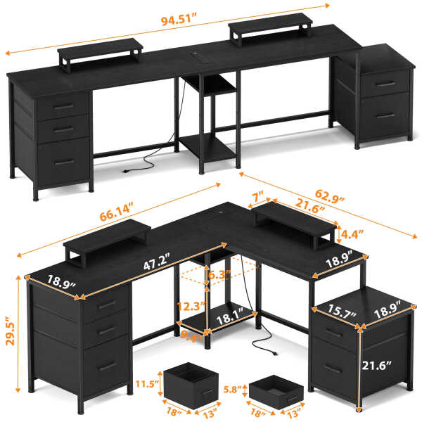 GIKPAL L Shaped Computer Desk, Reversible Gaming Desk with Drawers, Corner Desk with Storage Shelves & Monitor Stand, Home