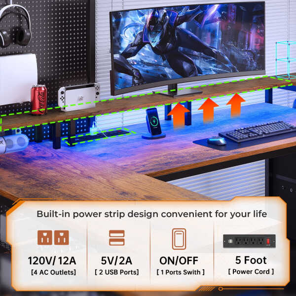 67" L Shaped Desk with Drawers, Computer Office Desk with Storage Shelves & Power Outlet, Reversible Gaming Desk with LED Lights