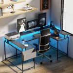 Towallmark Reversible 79" U Shaped Gaming Desk Office Corner Computer PC Home Desk With LED Light Strip Power Outlet Monitor