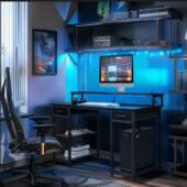 Ktaxon Gaming Desk with 2 Power Outlets&USB, Computer Desk with 15 Adjustable Light, Study Writing Table with Large Desktop, for