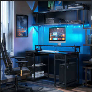 Ktaxon Gaming Desk with 2 Power Outlets&USB, Computer Desk with 15 Adjustable Light, Study Writing Table with Large Desktop, for