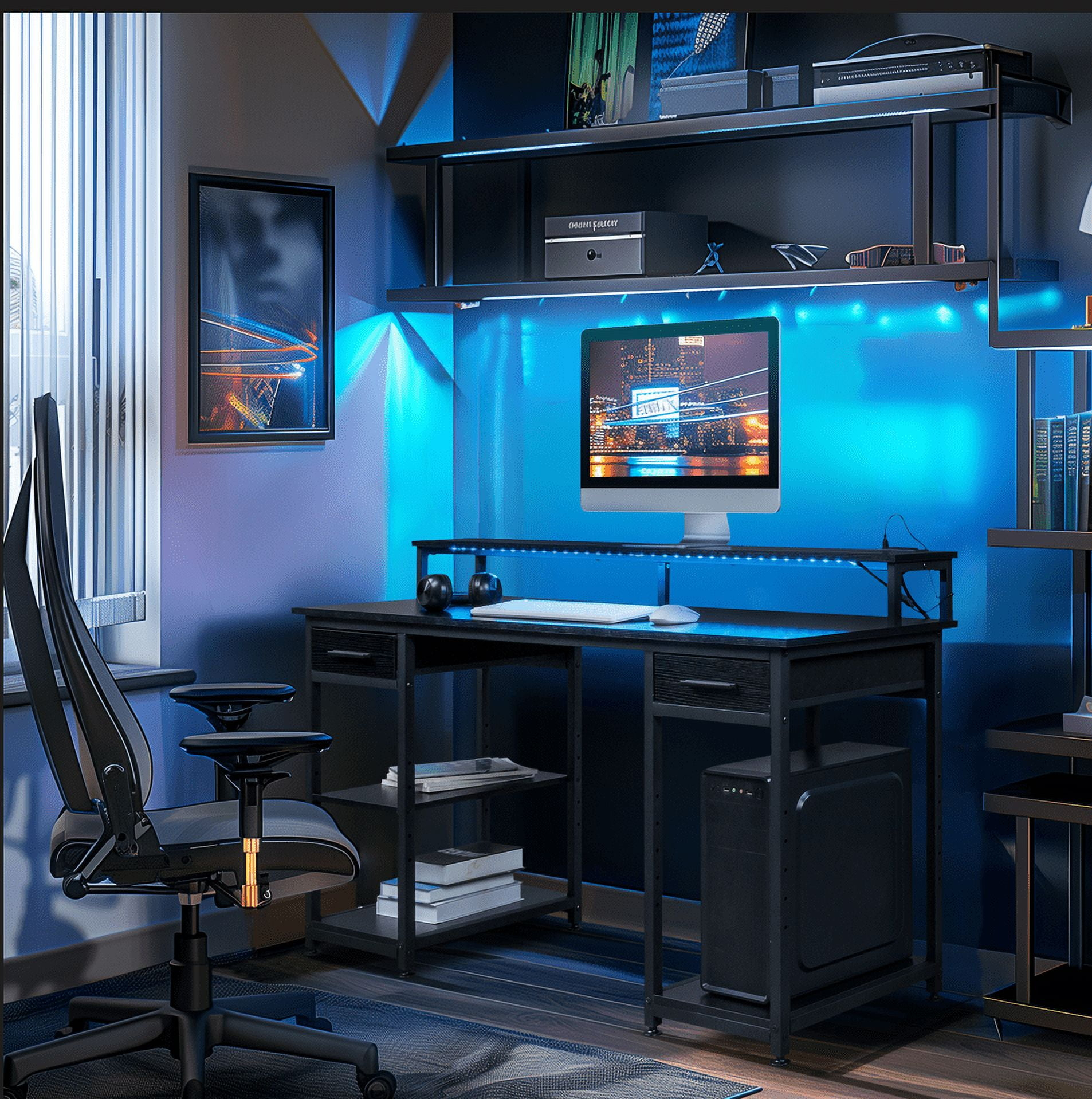 Ktaxon Gaming Desk with 2 Power Outlets&USB, Computer Desk with 15 Adjustable Light, Study Writing Table with Large Desktop, for