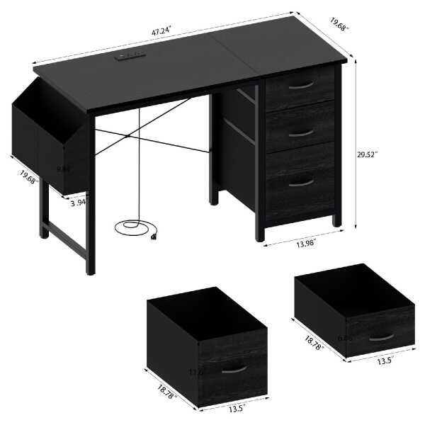 47" Office Desk with Power Outlet, 3 Drawers, Large Side Pocket, Desk Easy to Assemble, Frame Stability Reversible, for Home