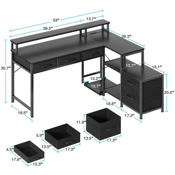 L Shaped Gaming Desk with File Drawer & Power Outlet, 53" Reversible Home Office Desk with Monitor Stand & Storage Drawers,