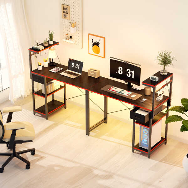 Eunon 44 inch Gaming Computer Desk with LED Lights, Reversible 4 Tier Storage Shelves & Drawer,Pink