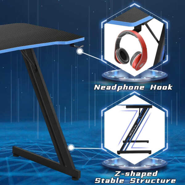 NiamVelo 47 inch Gaming Desk, Z-Shaped PC Computer Table Ergonomic Gamer Workstation with Headphone Hook for Home Office, Red