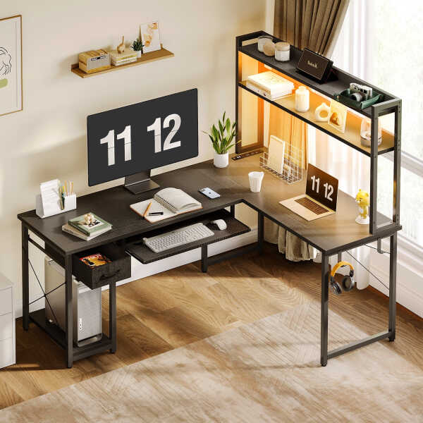 59" Reversible L-Shaped Gaming Desk with Power Outlets & LED Lights, Office Desk with Storage Drawer & Keyboard Tray for Home