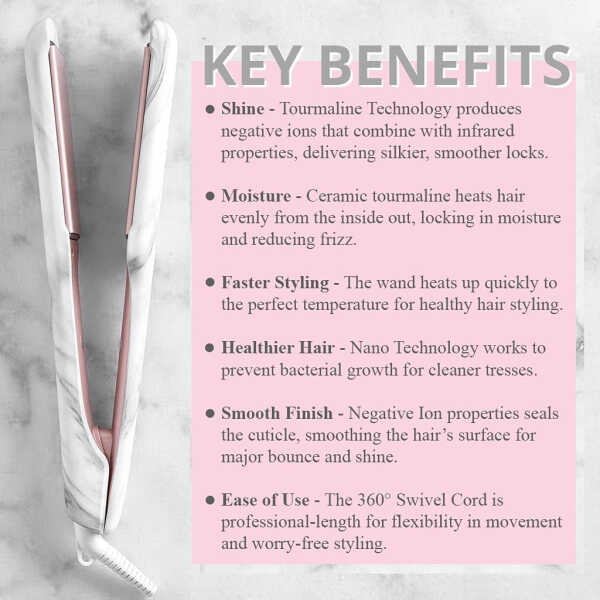 FoxyBae White Marble Rose Gold Flat Iron - Ceramic Tourmaline Technology - Hair Straightener with Negative Ions - Straightens &
