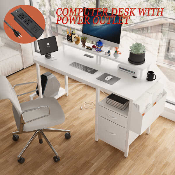 Furnibear Computer Desk with Drawer and Power Outlets, 47" Office Desk with 2 Monitor Stands and Fabric File Cabinet for Home