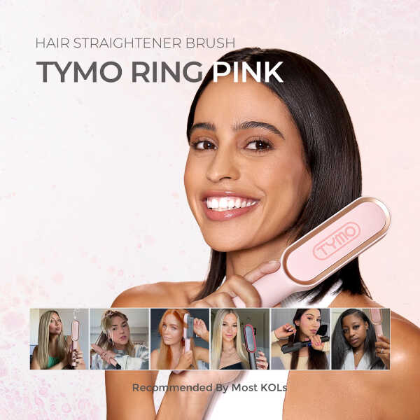 TYMO Ring Hair Straightener Brush, Hair Straightening Iron with Built-in Comb, Anti-Scald & Dual Voltage, Pink
