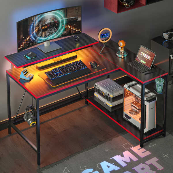 Pinmoco 42" Reversible L-Shaped Gaming Desk with Monitor Stand, LED Lights& Headset Hooks, Home Office, Carbon Fiber Black