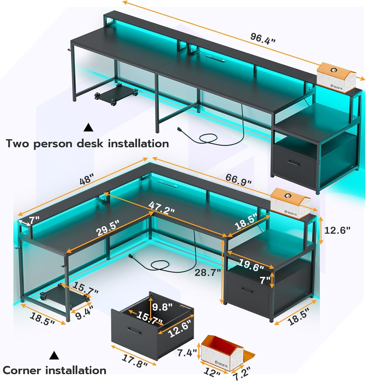 L Shaped Desk with Power Outlet and LED Lights, Corner Computer Desk with File Drawer for Home Office, Gaming Desk, Rustic Brown