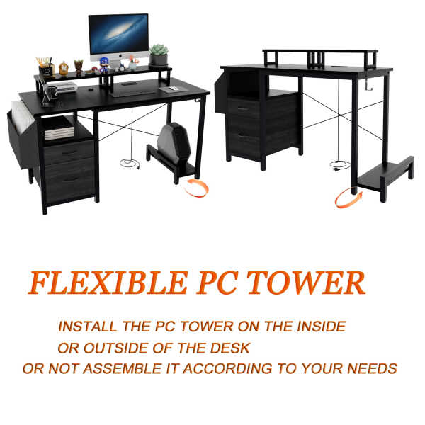 Furnibear Computer Desk with Drawer and Power Outlets, 47" Office Desk with 2 Monitor Stands and Fabric File Cabinet for Home