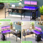 Homieasy L Shaped Computer Desk with Magic Power Outlets and Smart LED Light, Reversible 55 Inch Corner Office Desk with Monitor
