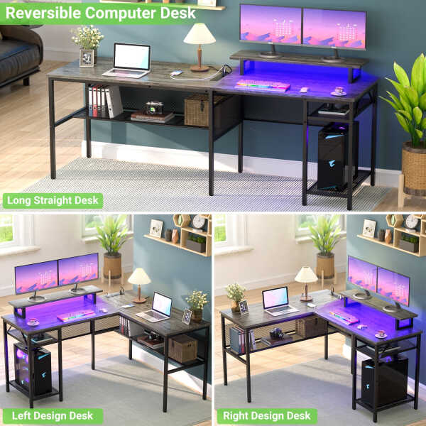 Homieasy L Shaped Computer Desk with Magic Power Outlets and Smart LED Light, Reversible 55 Inch Corner Office Desk with Monitor