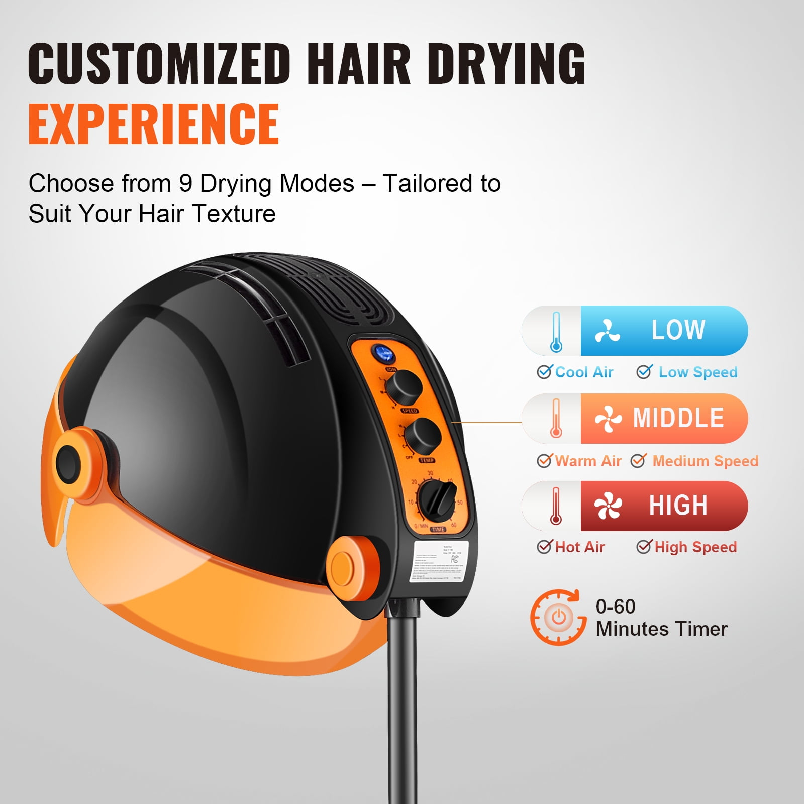 KFFKFF Ionic Hair Dryer with Hood, 1875W Professional Bonnet Hair Dryer, Timer Function, 3 Heat Settings & Speed Control,