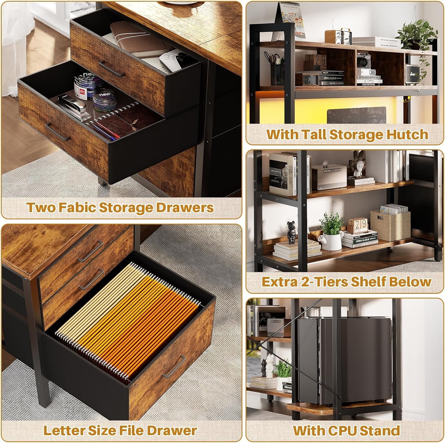iSunirm L Shaped Gaming Desk with Storage, Computer Gaming Desk with LED Lights & Hutch, Reversible Computer Desk with Power