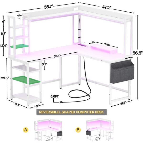 Homieasy L Shaped Desk with Power Outlet and LED lights, Reversible Corner Computer Desk with Hutch and Storage Shelf, Ergonomic