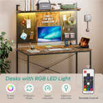 Bestier Gaming Desk with Power Outlets & LED Light, 39.3 Inch Computer Desk Office Table with Storage Shelves Pegboard, Rustic