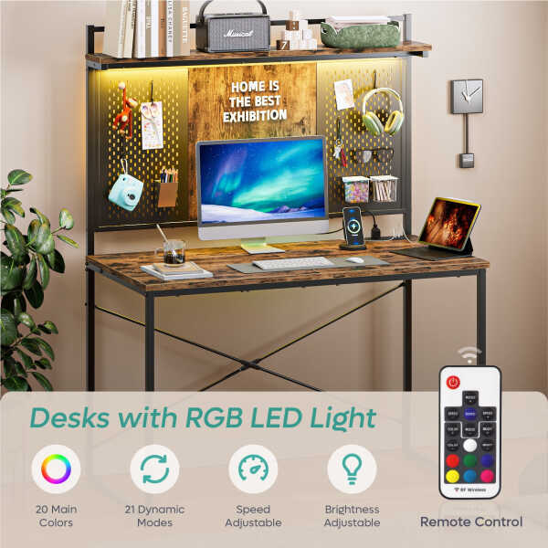 Bestier Gaming Desk with Power Outlets & LED Light, 39.3 Inch Computer Desk Office Table with Storage Shelves Pegboard, Rustic