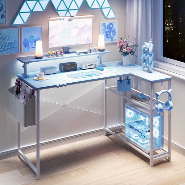 Dowinx 43" L-Shaped Gaming Desk Cute with Cat Accessories, Corner Desk with Power Outlet & Monitor Shelf for Adult and Girl,