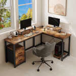 66" L Shaped Computer Desk with Power Outlets, Gaming Desk with Shelf and Drawers for Home Office, Retro Brown