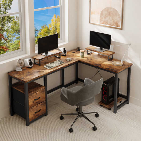 66" L Shaped Computer Desk with Power Outlets, Gaming Desk with Shelf and Drawers for Home Office, Retro Brown