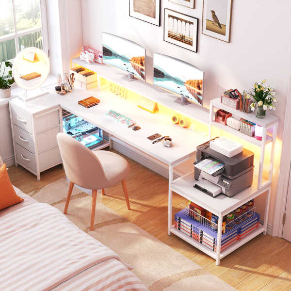 Enhomee 70.9" L Shaped Gaming Desk, Computer Desk with Power Outlet & LED Light, Home Office Desks with Drawers, Black